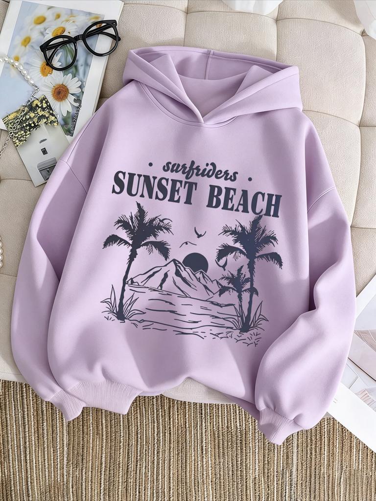 Latest American Retro Beach Sunset Print Children's Hooded Sweatshirt - Boys' and Girls' Loose Fitted Pullover Sweater