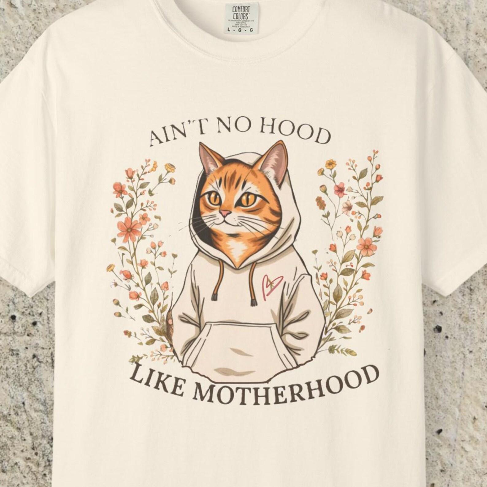 Comfort Colors Cat Mom Shirt, Ain’t No Hood Like Motherhood Tee, Cat Lover Shirt Gift, Motherhood Funny T shirt, Cute Floral Mom T shirt L