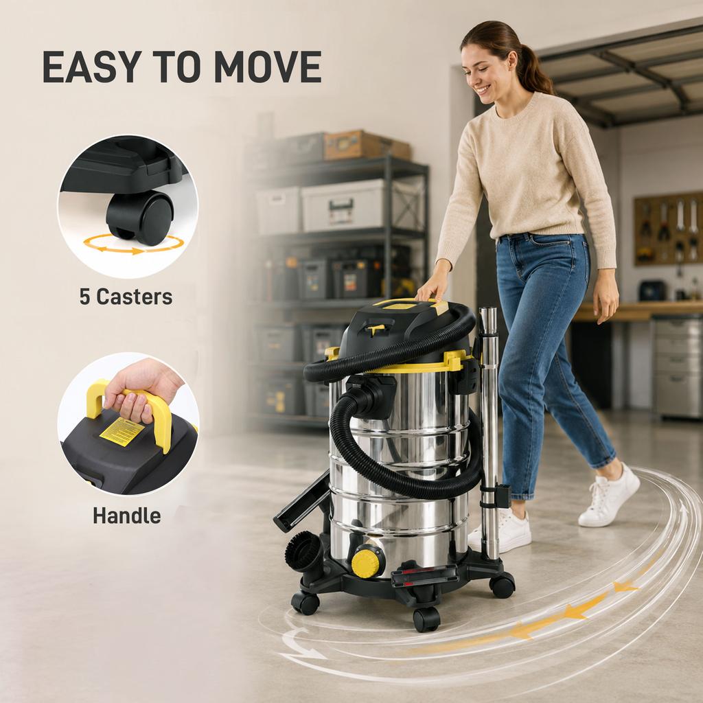 1400W Vacuum Cleaner, 3-in-1 Wet and Dry Vacuum Cleaner with Blowing Mode and 30L Stainless Steel Tank, Silver Tone