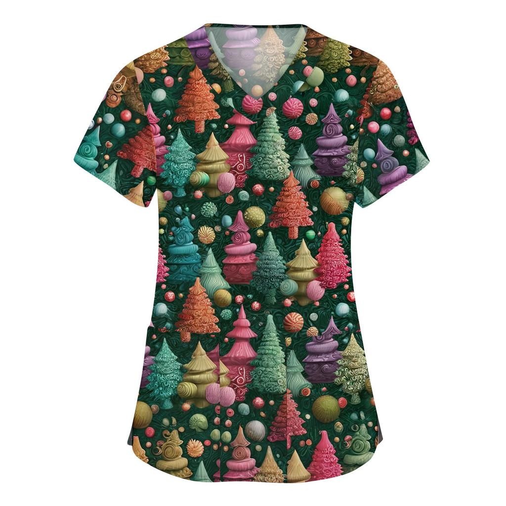 Dámské módní pracovní oděvy s krátkým rukávem a výstřihem do V s kapsami Vánoční topy s potiskem