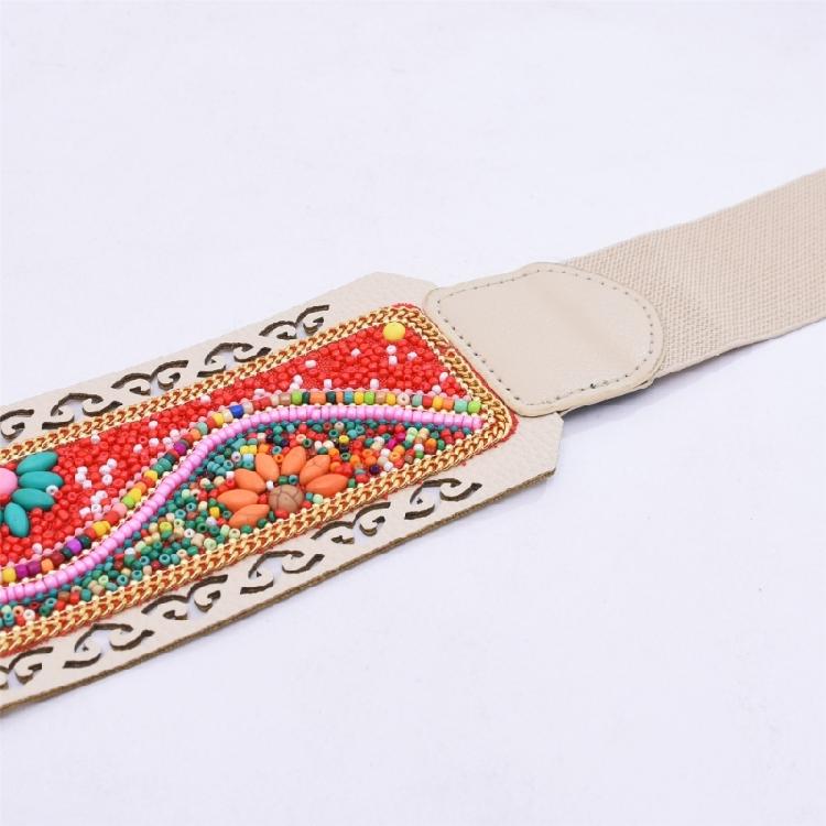 Ethnic Beaded Waist Cincher Stretch Waistband Bohemian Belt Body Girdle Feature Floral Accent for Women's Clothing