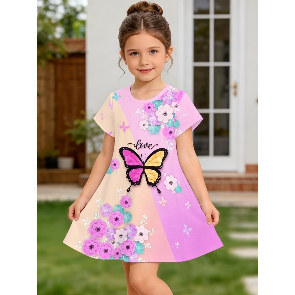 

Girls Short-Sleeve Dress- 3D Printed Pattern Design, Perfect for Summer and Spring Outdoor Activities, Casual Vacations, with a Sweet and Cute Style 100
