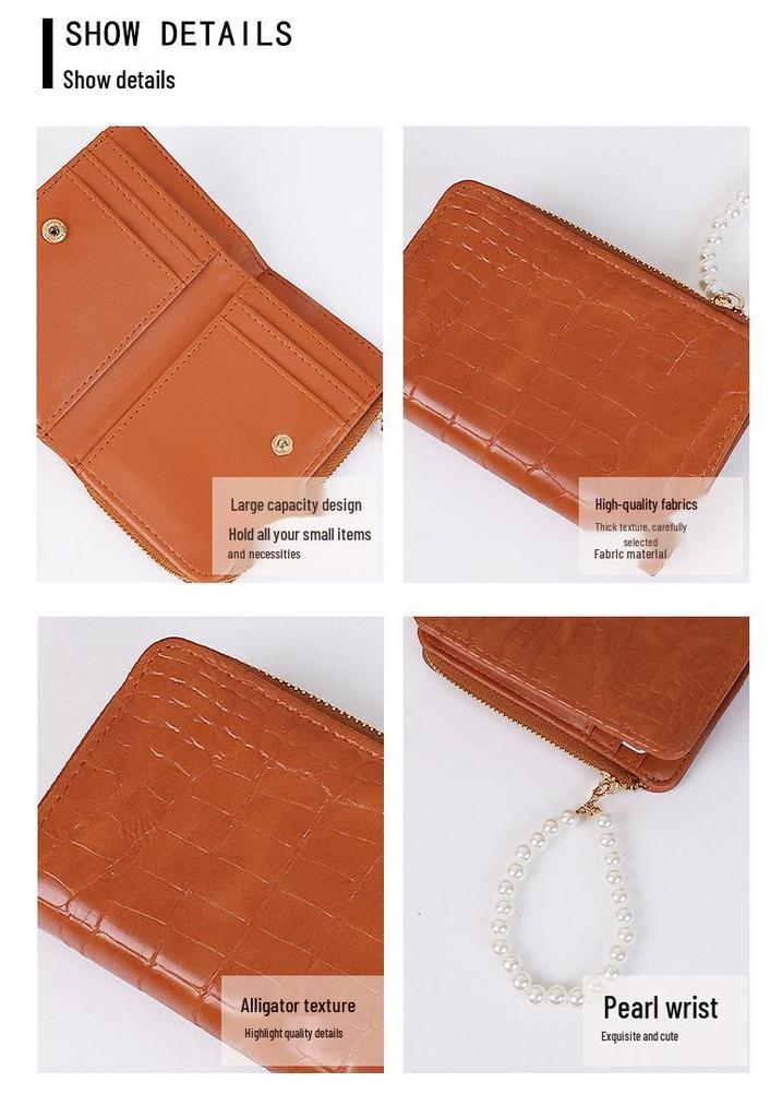 Women's Korean Style Short Wallet with Pearl Chain, Stone Texture, Card Slots, and Money Clip