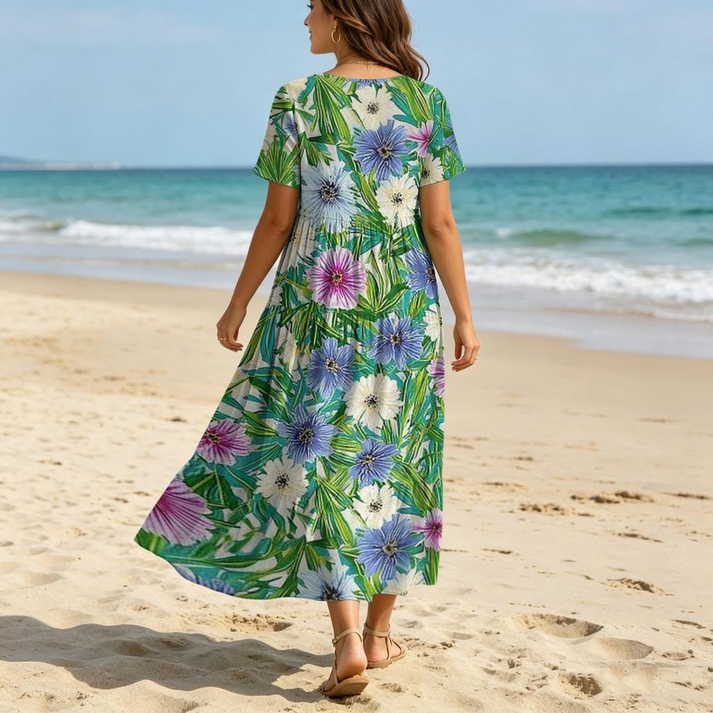 Robe longue décontractée à manches courtes et col en V pour femme avec imprimé tournesol Coupe ample Style Boho d'été pour un usage quotidien