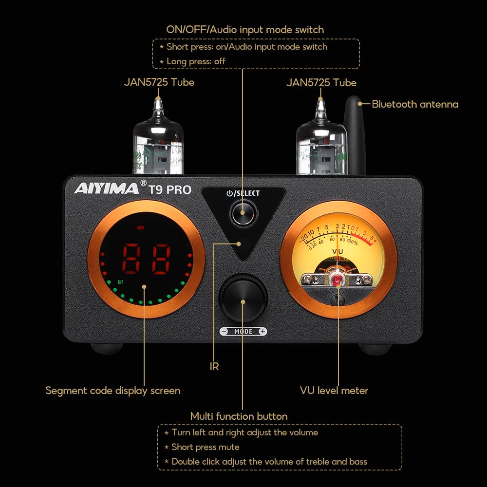 AIYIMA Audio T9 Pro Stereo Vacuum Tube Amplifier Bluetooth 5.1 QCC3040 Aptx USB DAC COAX OPT HiFi Home Digital Amp VU Meter 100w