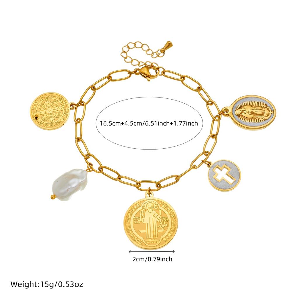 DIEYURO 316L Stainless Steel Golden Round Portrait Cross Pearl Pendant Bracelet For Women New Classic Wrist Chain Jewelry Gift