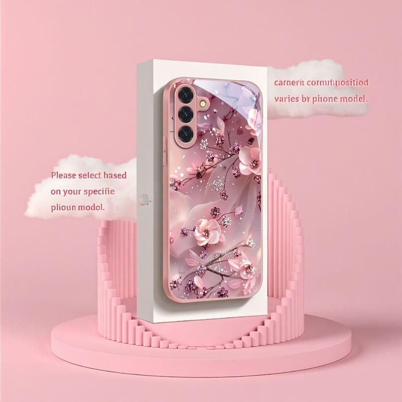 Pink Cherry Blossom Printed Tempered Glass Phone Case Suitable for Samsung Galaxy S26 S25 S24 S22 S21 S20FE/Ultra/Plus Anti Drop