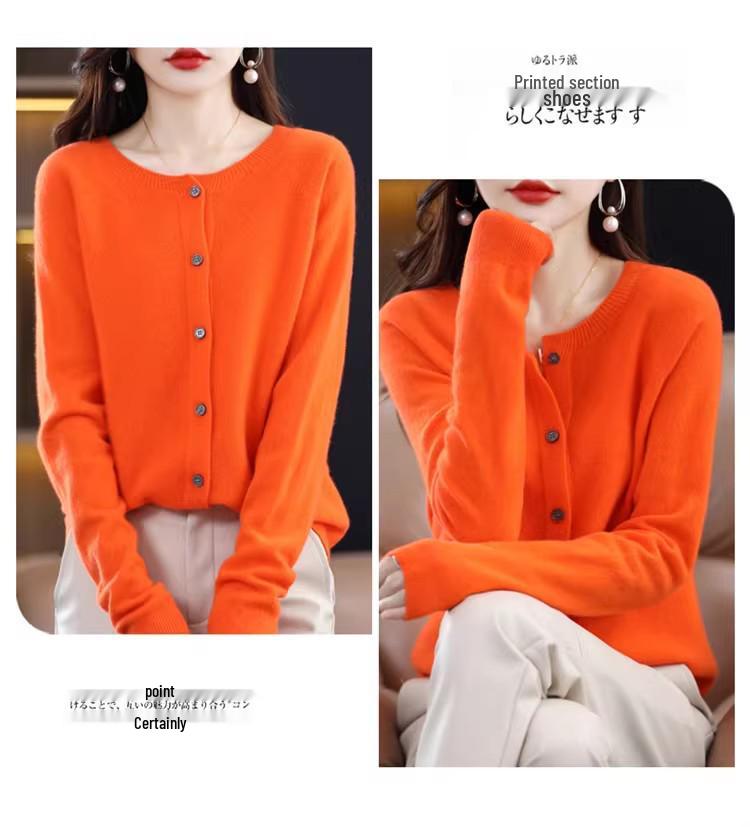 Women's 100% Pure Wool Round Neck Cardigan - Loose, Fashionable, Versatile Spring Knit Sweater.