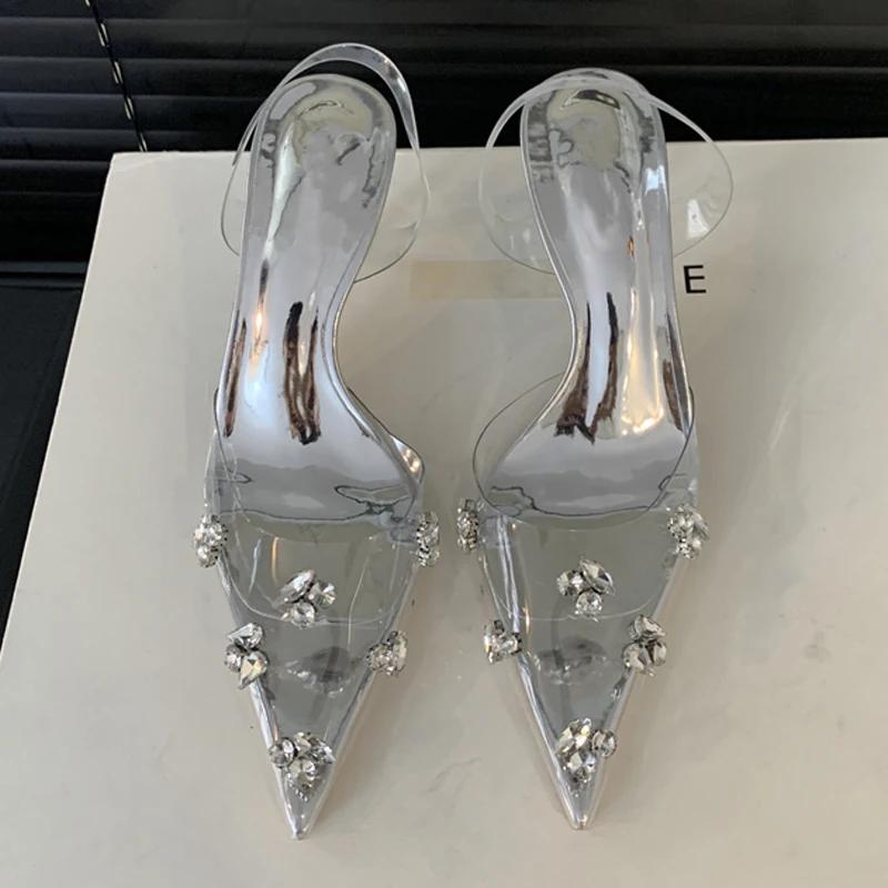 Sexy třpytivé křišťálové PVC průhledné dámské lodičky tenké podpatky párty ples špičaté špičky slingback boty