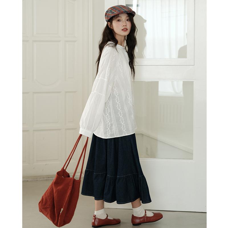 Autumn literary wash denim skirt women's medium and long skirt long skirt