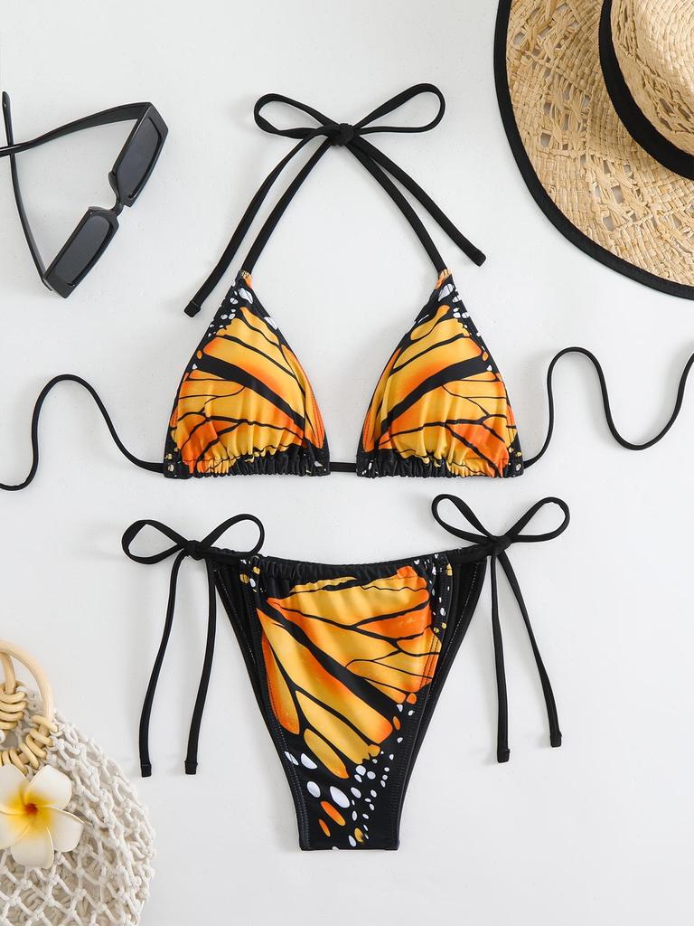 Butterfly Print Deep V Backless Bikini