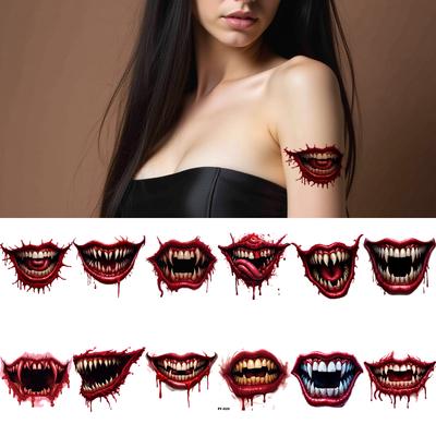 12 Stück Temporäre Tattoos Vampir-Münder Temporäre Tattoo-Aufkleber Horror-Zähne Halloween Für Männer Schultern Arme