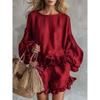 Women's 2pcs Casual Outfit, Lantern Sleeve Loose Top + Ruffle Hem Shorts, Spring Summer Fashion Outfits for Women Europe America Style