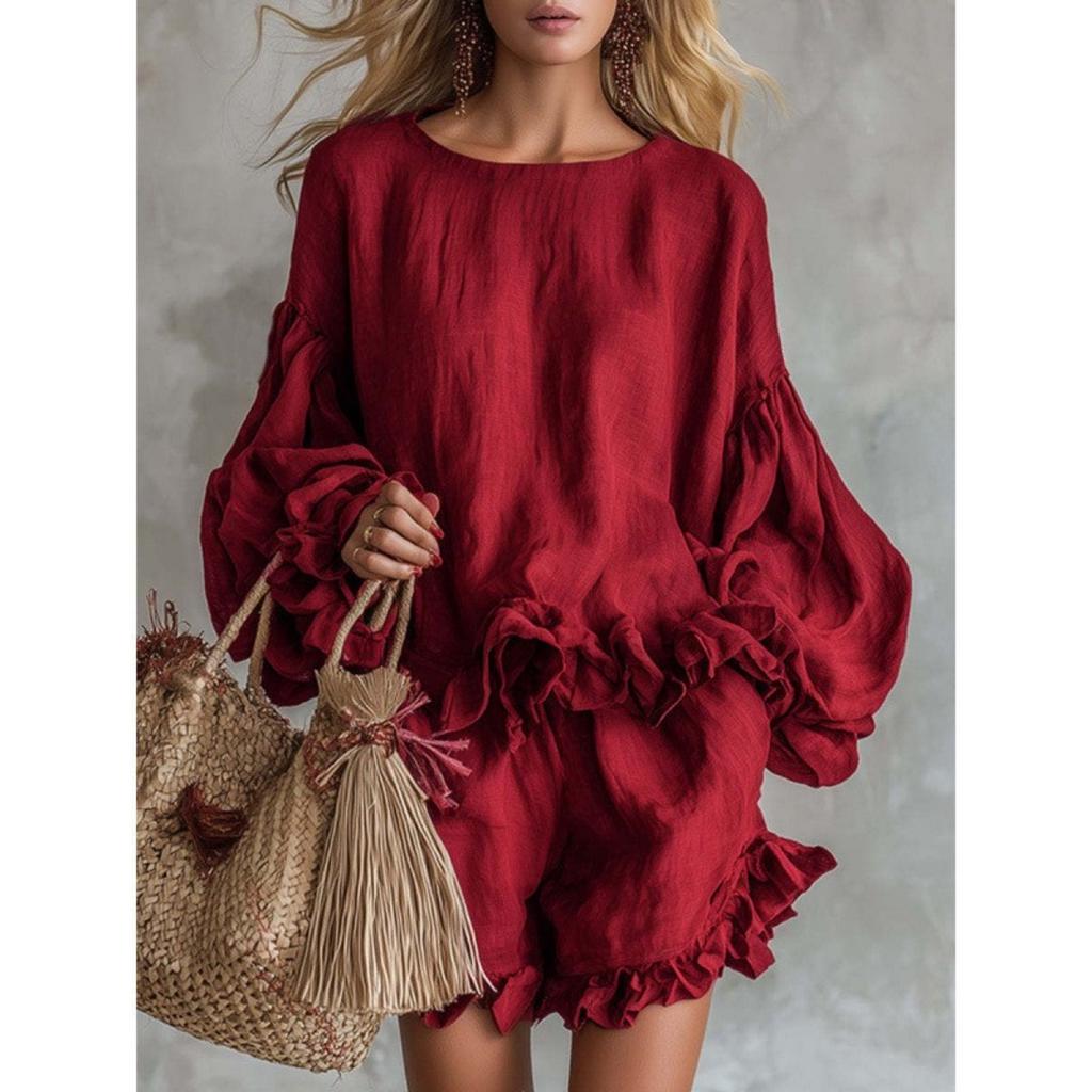 Women's 2pcs Casual Outfit, Lantern Sleeve Loose Top + Ruffle Hem Shorts, Spring Summer Fashion Outfits for Women Europe America Style
