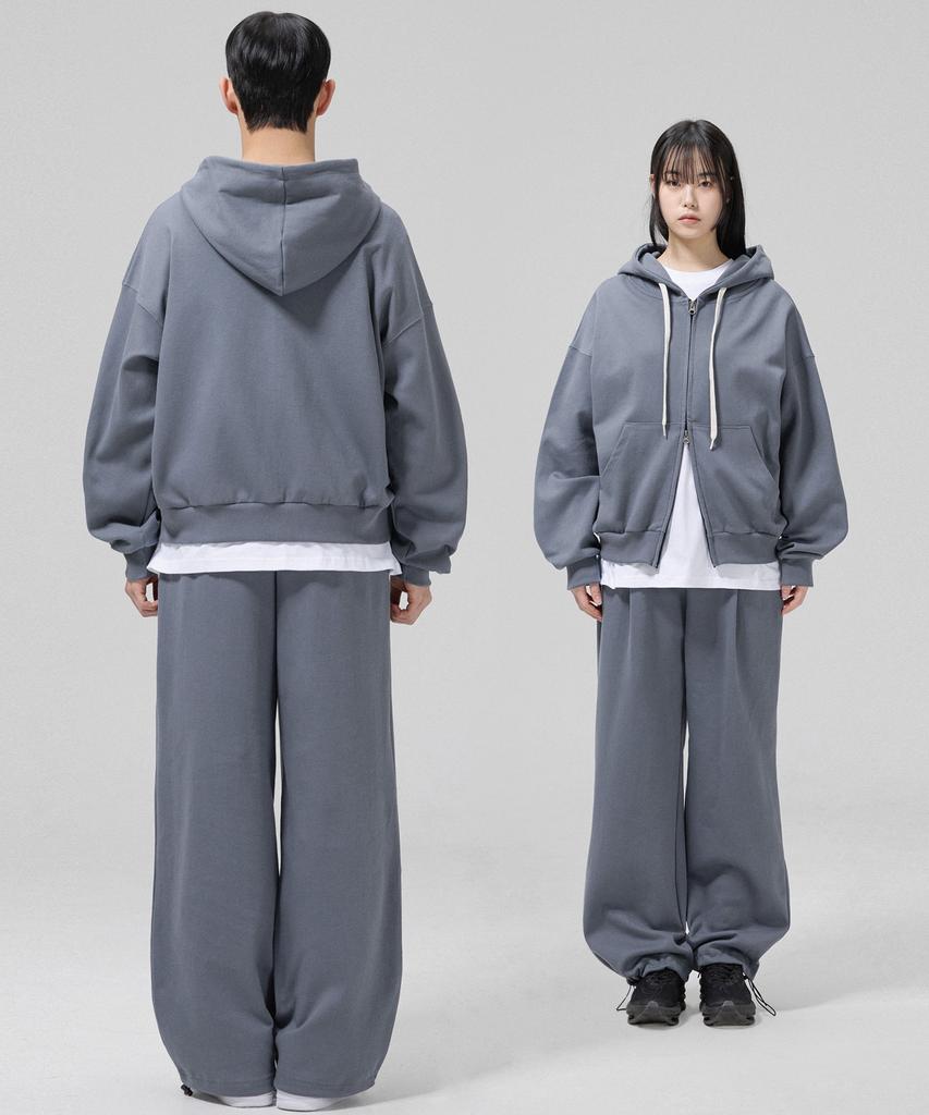 Granfinny Two-Way Oversized Zip-Up Hoodie + One-Pleat Two-Way Drawstring Training Pants Set - Gray