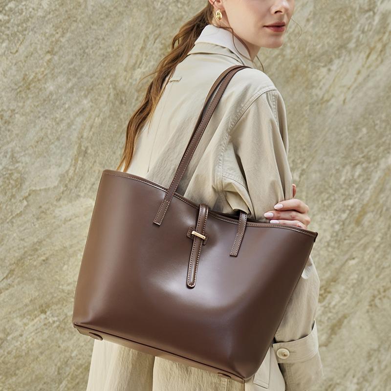 HIFASHION Luxury Genuine Cowhide Leather Tote Bag For Women Large Capacity Work Shopper Shoulder Crossbody Handbags With Pouch
