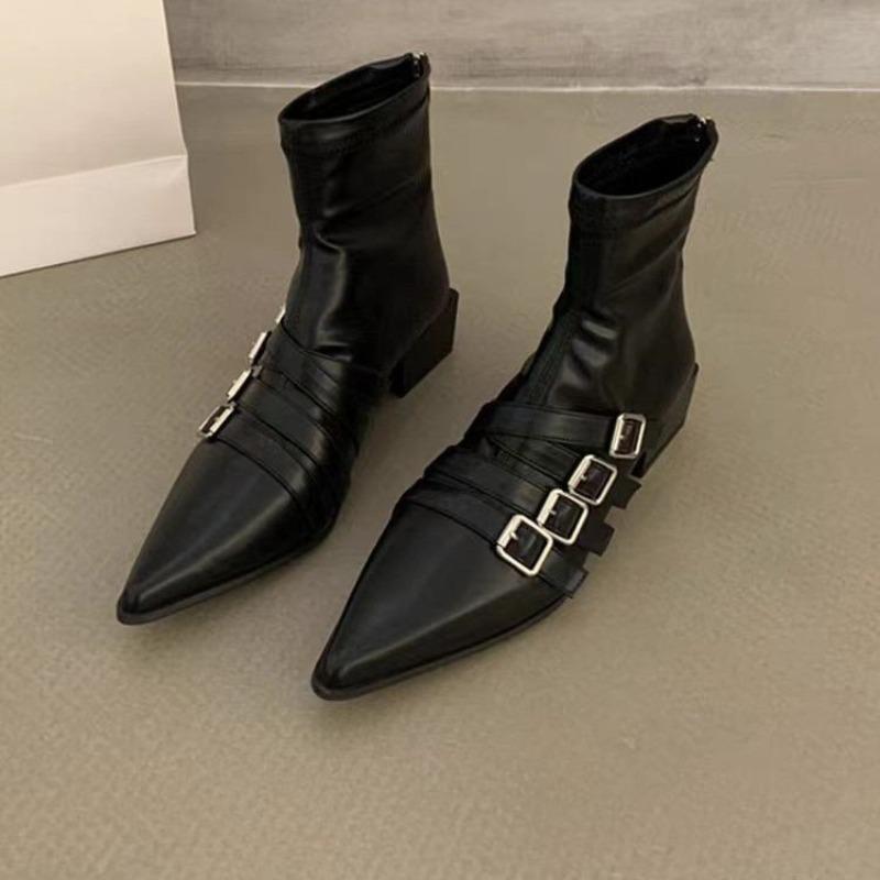 Fashion Rear Zip Block Heel Single Boots Women's Fashion Pointed Toe Metal Belt Buckle Anti-Slip Wear-Resistant Short Shoe