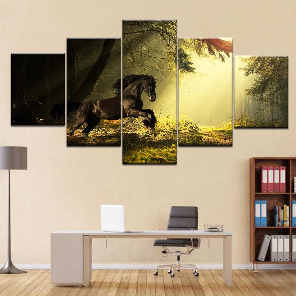 Canvas HD Prints Pictures Home Decor 5 Pieces Abstract Black Horse Painting Psychedelic Forest Unicorn Poster Wall Art Framework No Frame