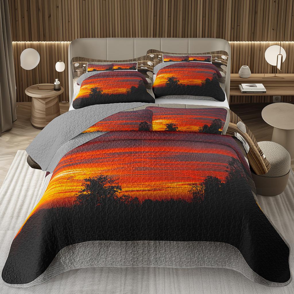 Sunset Scenery Bedspread Queen/Full Natural Landscape Quilted Coverlet 2/3Pcs Reversible Grey Bedding Set for Boy Girl Room Dorm
