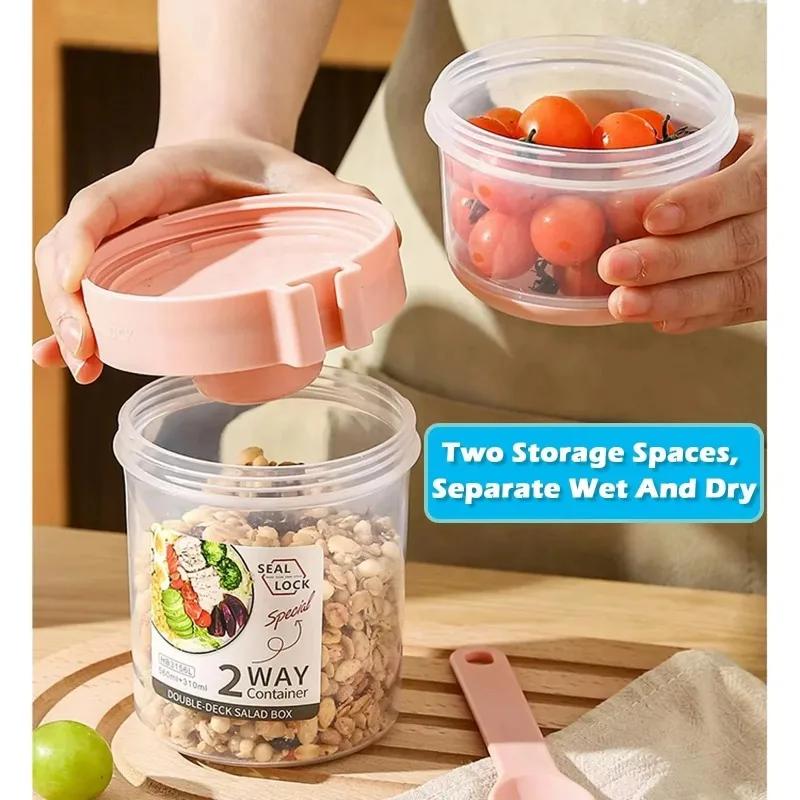 Portable Salad Cup Double Oatmeal Cup Yogurt Nut Fat-Reduced Vegetable Fruit Box Cup with Lid Spoon Breakfast Lunch Box