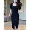 Korean Version of Temperament Square Neck Dress Summer New Design Bubble Sleeve Medium and Long Split Hip Skirt