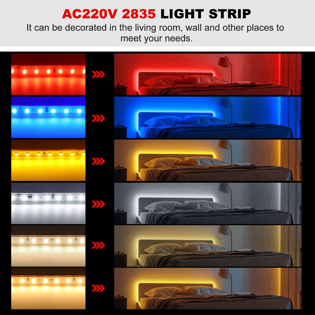 AC 220V Led Strip Lights High Brightness 2835 120 LEDs/M Flexible LED Tape Ribbon Waterproof Diode Rope Light Adhesive EU UK