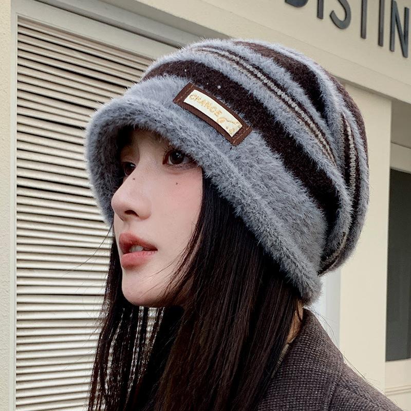 Striped Knitted Hat with Big Head Circumference Showing The Face Small Pile of Hats Versatile Warmth and Airproof Cold Hat