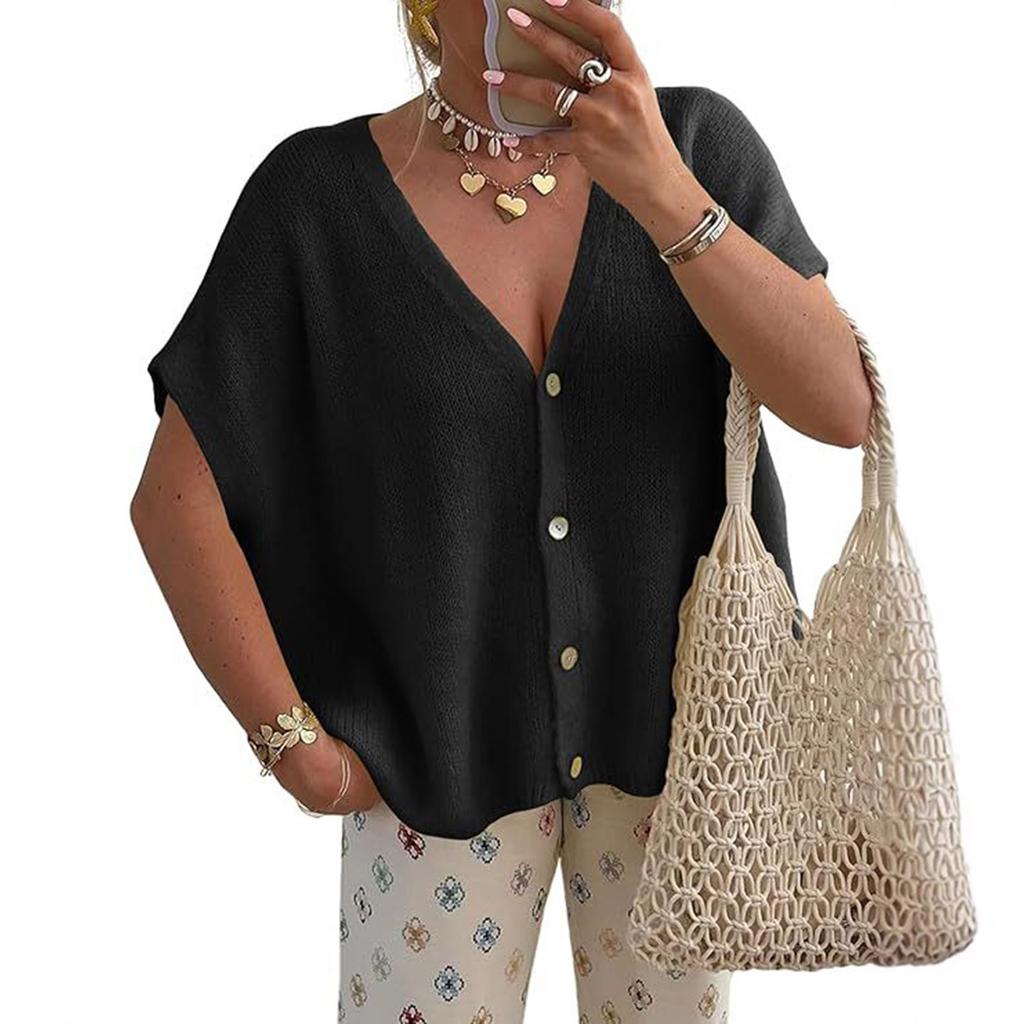 Women's Short-sleeved V-neck Cardigan Loose -sleeved Knitted Vest -Color Button Sweater Top