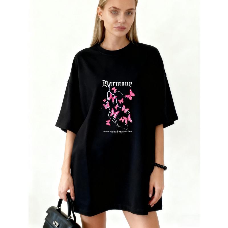 

Oversized T Shirt Black Harmony Pink Butterflies And Lightning Print Casual Streetwear For Women XXXXL чорний