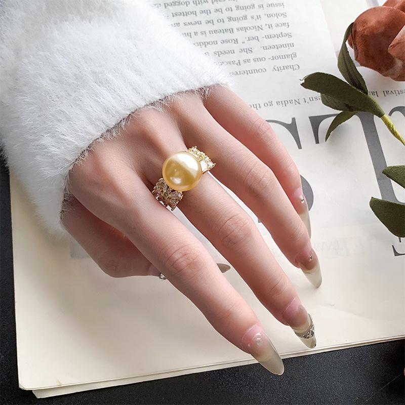4 Jewelry Copper Platinum Plated Row Ring Pearl Temperament Light Luxury Women'S Ring 14Mm