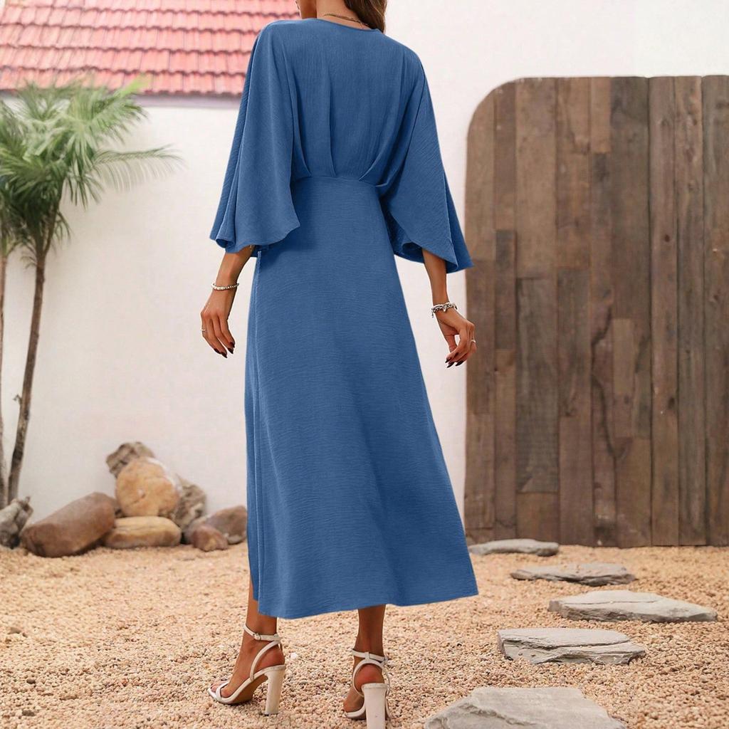 Kadın Bol Rahat Günlük ve Moda Yaz Düz Renk Yırtmaçlı V Yaka Uzun Kollu Elbise