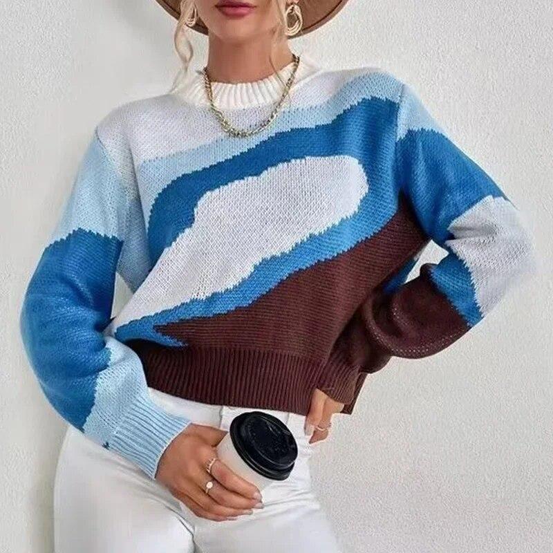 

Осень-зима полосатый вязаный свитер с принтом и длинным рукавом, свободный пуловер, женский свитер, повседневные топы, джемпер, верхняя одежда 29576 One Size синий