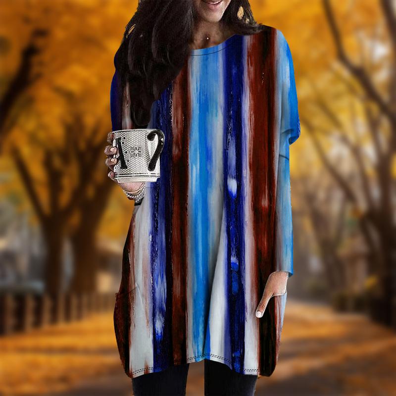New In Autumn Colored Vertical Line Print Plus Size Dress Women O'neck Long Sleeves Casual Pocket Dresses