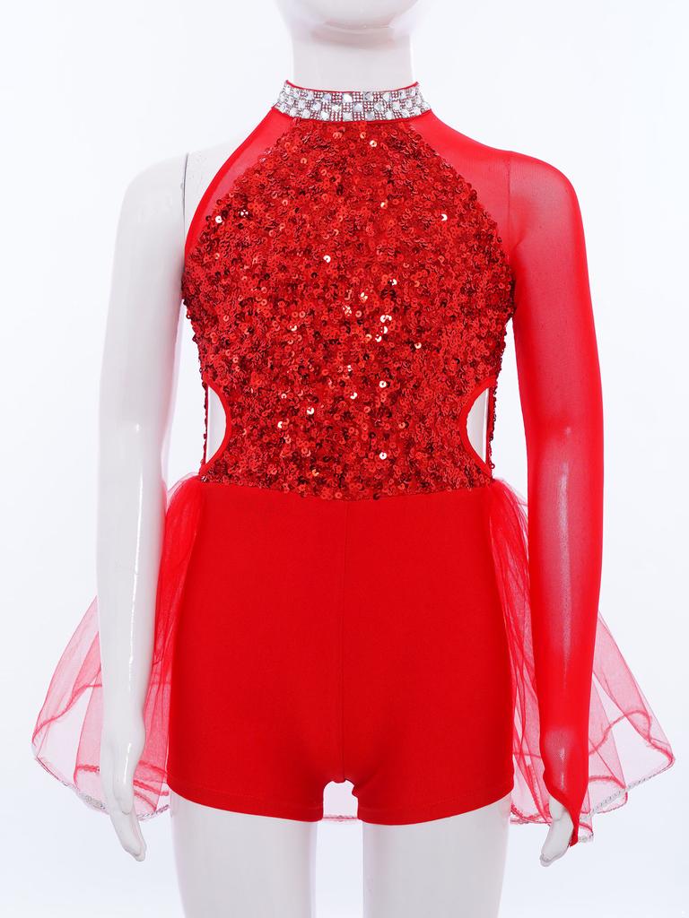 Meisjes Dans Optreden Kostuum Glanzende Pailletten Bovenlijf Tule Rok Leotard Uitsnijding Taille Asymmetrische Jumpsuit