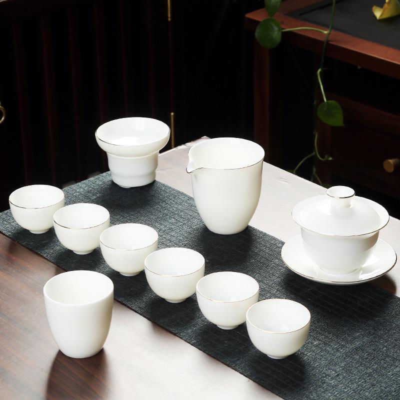 Ceramic suet jade porcelain kung fu tea set with gifts for home use