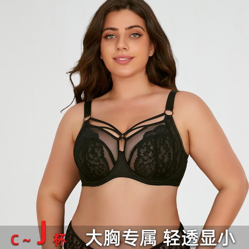 Large size underwear women's big breasts show small lace anti-sagging gathering breathable thin full cup fat M bra