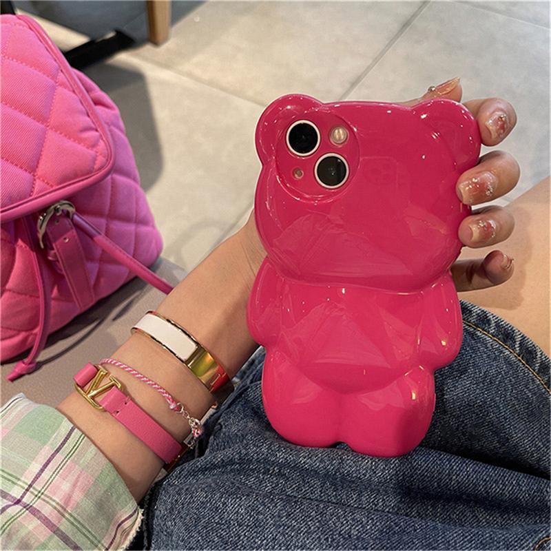 Ins Korean Cute 3d Cartoon Bear Pink Phone Case For Iphone 14 13 12 11 Pro Xs Max X Xr Lovely Animal Shockproof Soft Back Cover