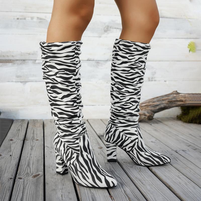 Sexy Leopard Soft Suede Wrinkled Knee Boots Women 2025 Autumn Pointed Toe High Heel Boots Party Dress Slip On Booties