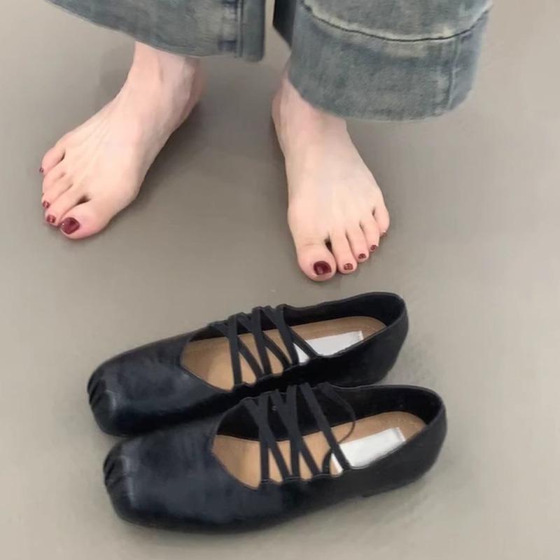Retro Cross-laced Flat Shoes Square-toed Ballet Shoes Women's Shallow Opening Single Shoes