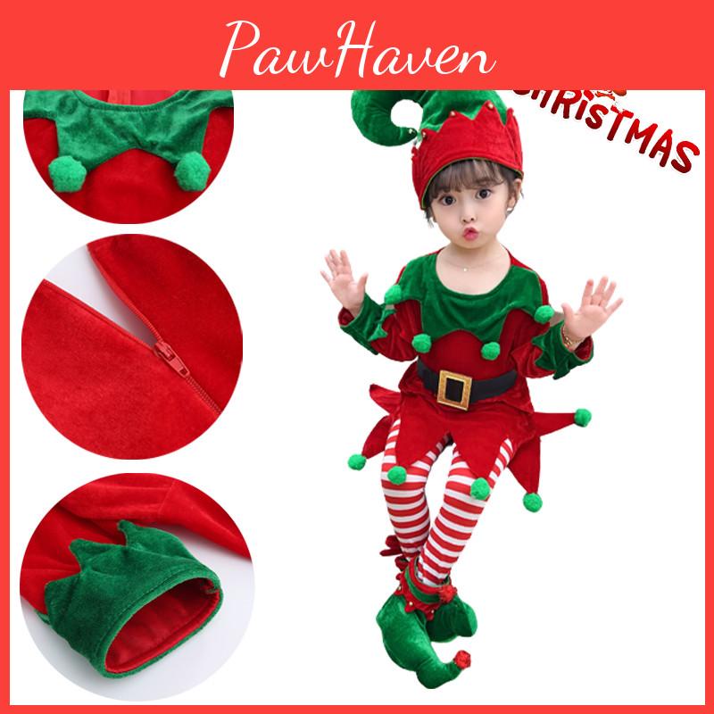 Velvet Boys Girls Christmas Elf Outfit Xmas Party Cosplay Set