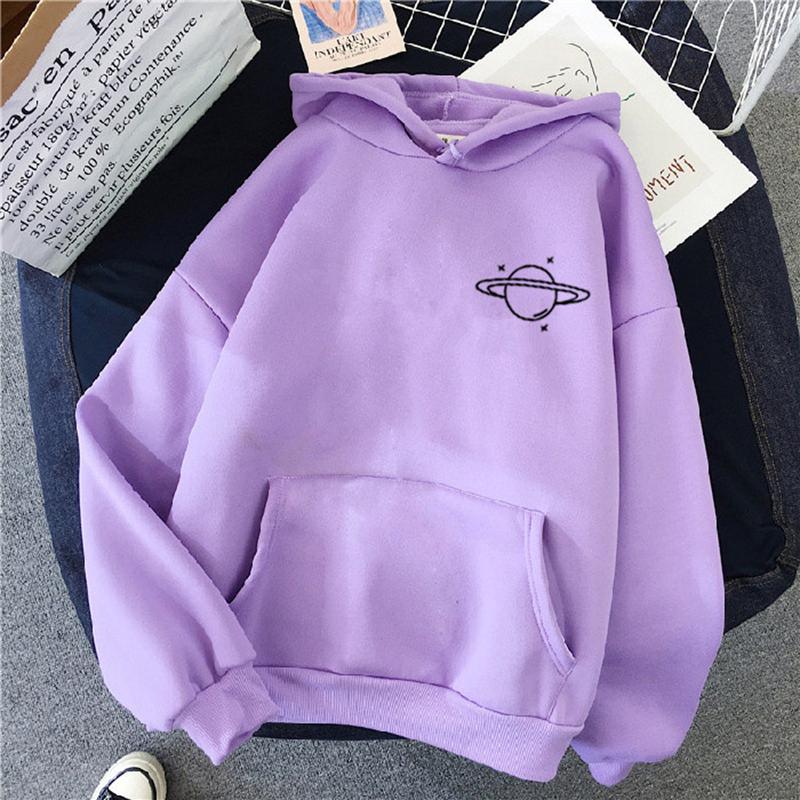 Sweatshirts Velvet Winter Women's Cute Saturn Printing Hooded Female 2025 Thicken Warm Casual Loose Hoodies Lady Autumn Tops