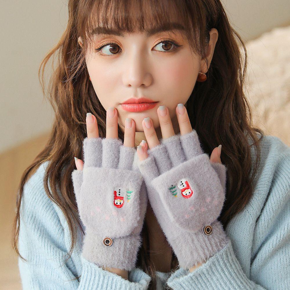 Color Plush Windproof Outdoor Half Finger Gloves Women's Gloves Flip Cover Gloves Thick Mittens
