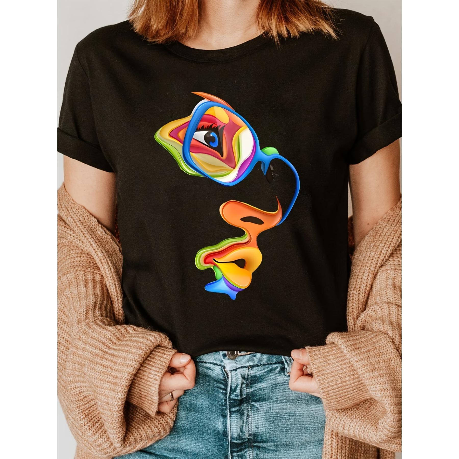 

Y Abstract Art Mask Print T-Shirt, Short-Sleeved Crew Neck Casual Top Suitable for Summer And Spring, Women S Apparel XXL чорний