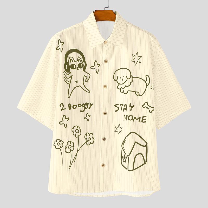 INCERUN Luźne Męskie Koszule Casual z Kołnierzykiem, Krótkim Rękawem i Paskami z Kreskówkowym Wzorem