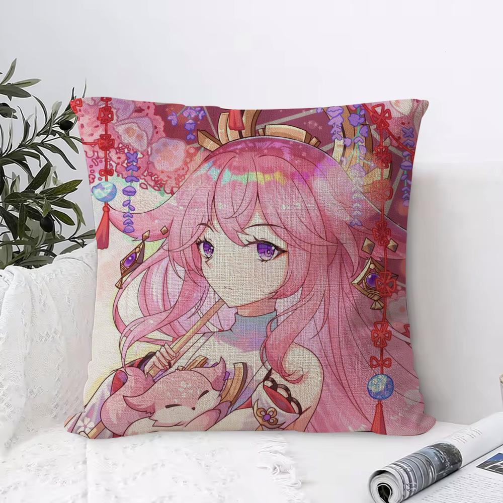 Genshin Impact Yae Miko Cushion Cover Eco Linen Pillow Case DoubleSided Print Breathable Durable Zipper Home Decor Gift