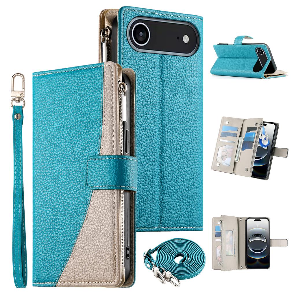 Für iPhone 17 Air Hülle Reißverschluss-Geldbörse Farbspaltung Leder Klapp-Handyhülle mit Riemen