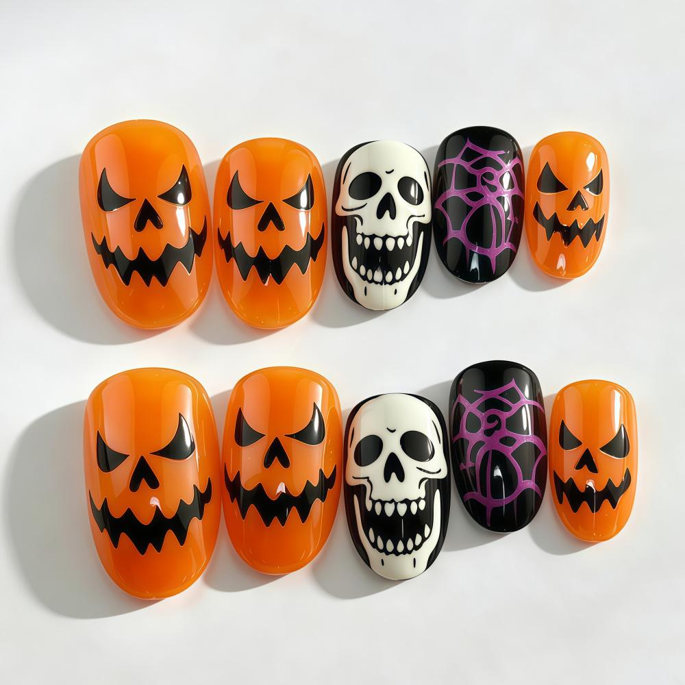 Halloween Pumpkin Skull Wearing Nails Fake Nails Spider Web Nail Art Dark Style
