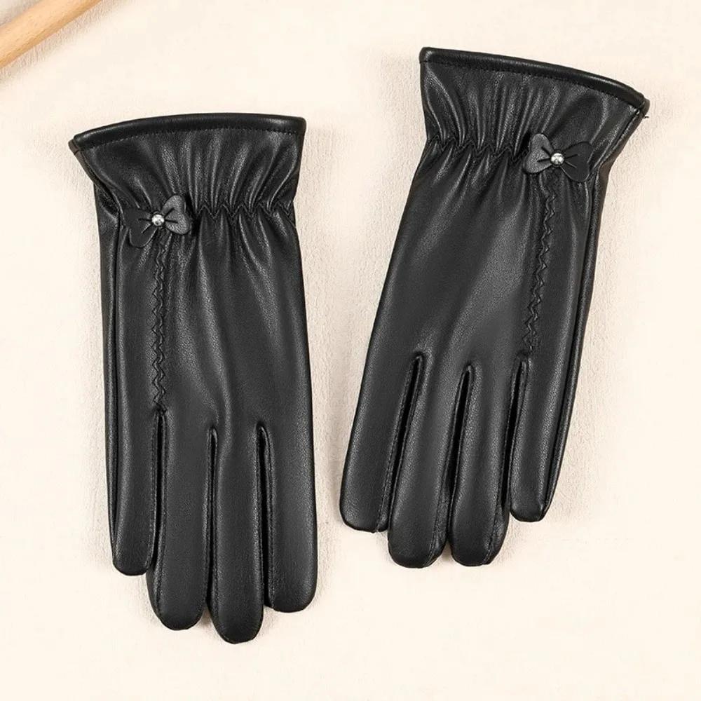 New Keep Warm Leather Gloves Black Windproof Full Finger Gloves Winter Gloves Women