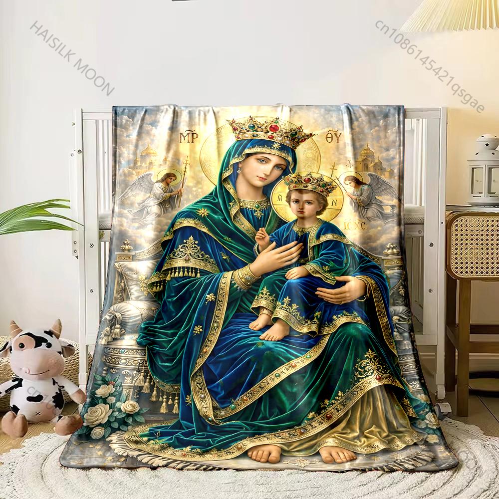 Religious Painting Crown Madonna and Child Print Believer Pray Blanket Warm Soft Flannel Material Suitable for All Seasons Gift