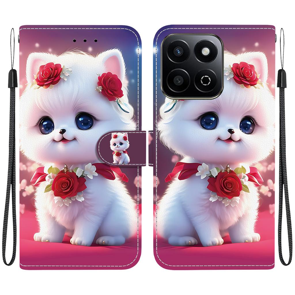 Handmade PU Leather Flip Case for Honor X7c Anti-Slip Shockproof Cover with Wrist Strap & Heart/Rose Cat Designs